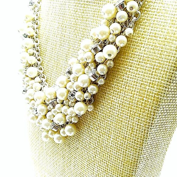 Rhinestone & Faux Pearl Cluster Bib Necklace on Silver-tone Chain - Picture 2 of 15